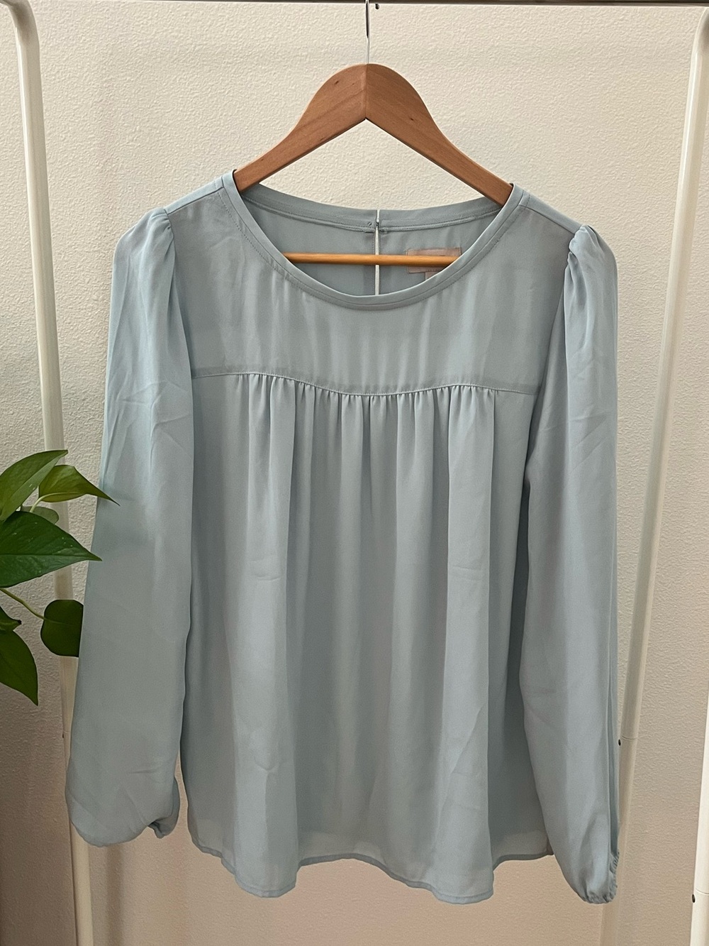 LOFT Light Blue Long-Sleeve Pleated Yoke Blouse